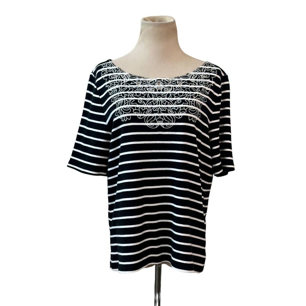 Rafaella black striped embroidered casual top size large